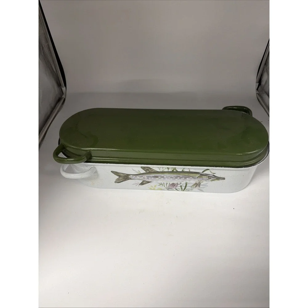 Fish poacher, asparagus steamer, with rack, enamel ware, French vintage